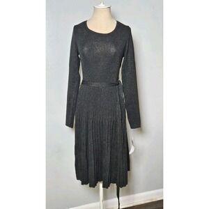 Nina Leonard Pleat Metallic Knit Long Sleeve Dress In Rich Pine Black Size Small